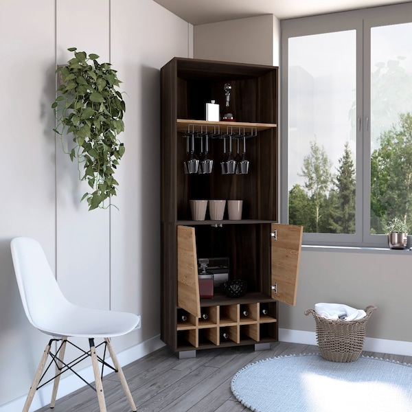 Tuhome Fraktal Corner Bar Cabinet, Ten Built-in Wine Rack, Two Shelves, Double Door, Dark Oak/Pine BHM7771 - main